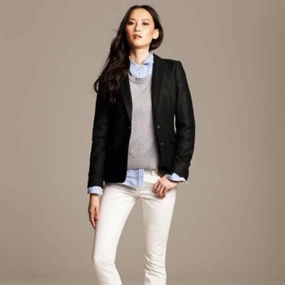 Banana Republic Black Wool H acking Jacket Blazer Sz 8 Tall Black Elbow patches - Picture 1 of 14